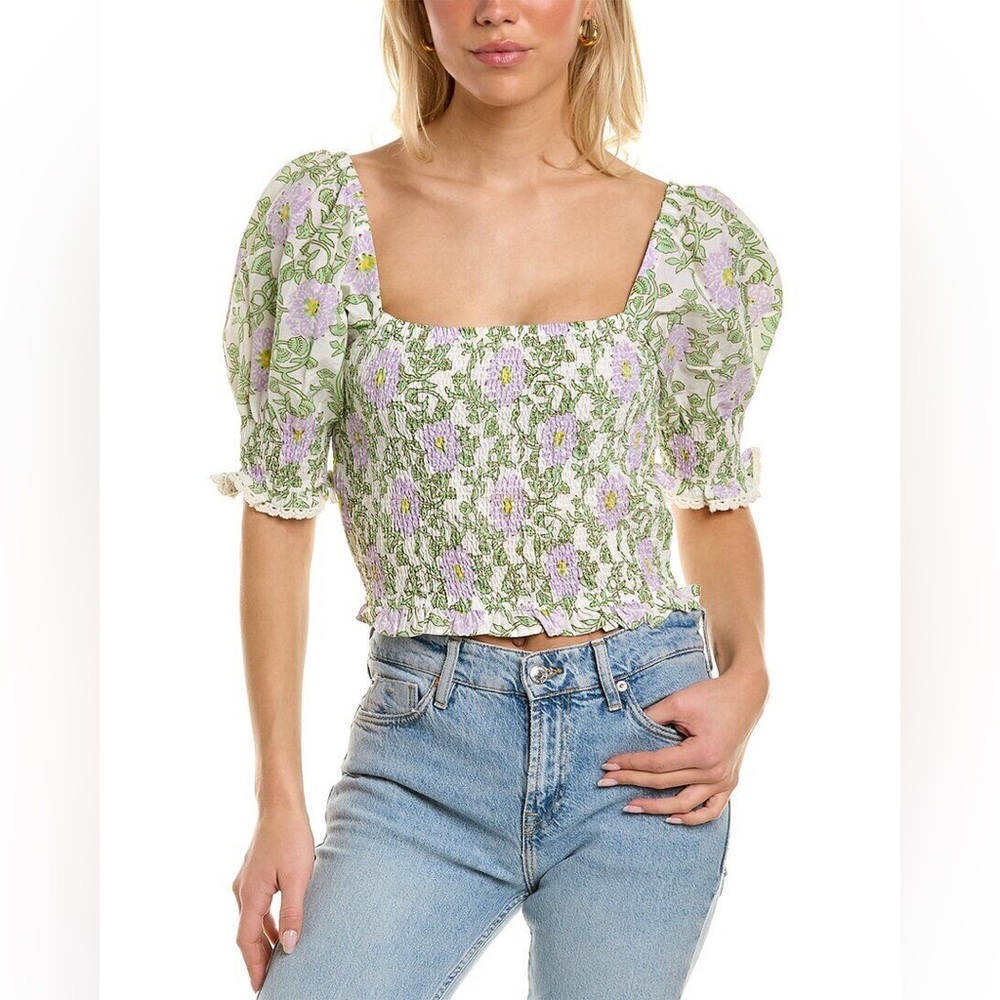 Roller Rabbit Daphne Renata SILK Blend Top Purple Floral Green Blouse